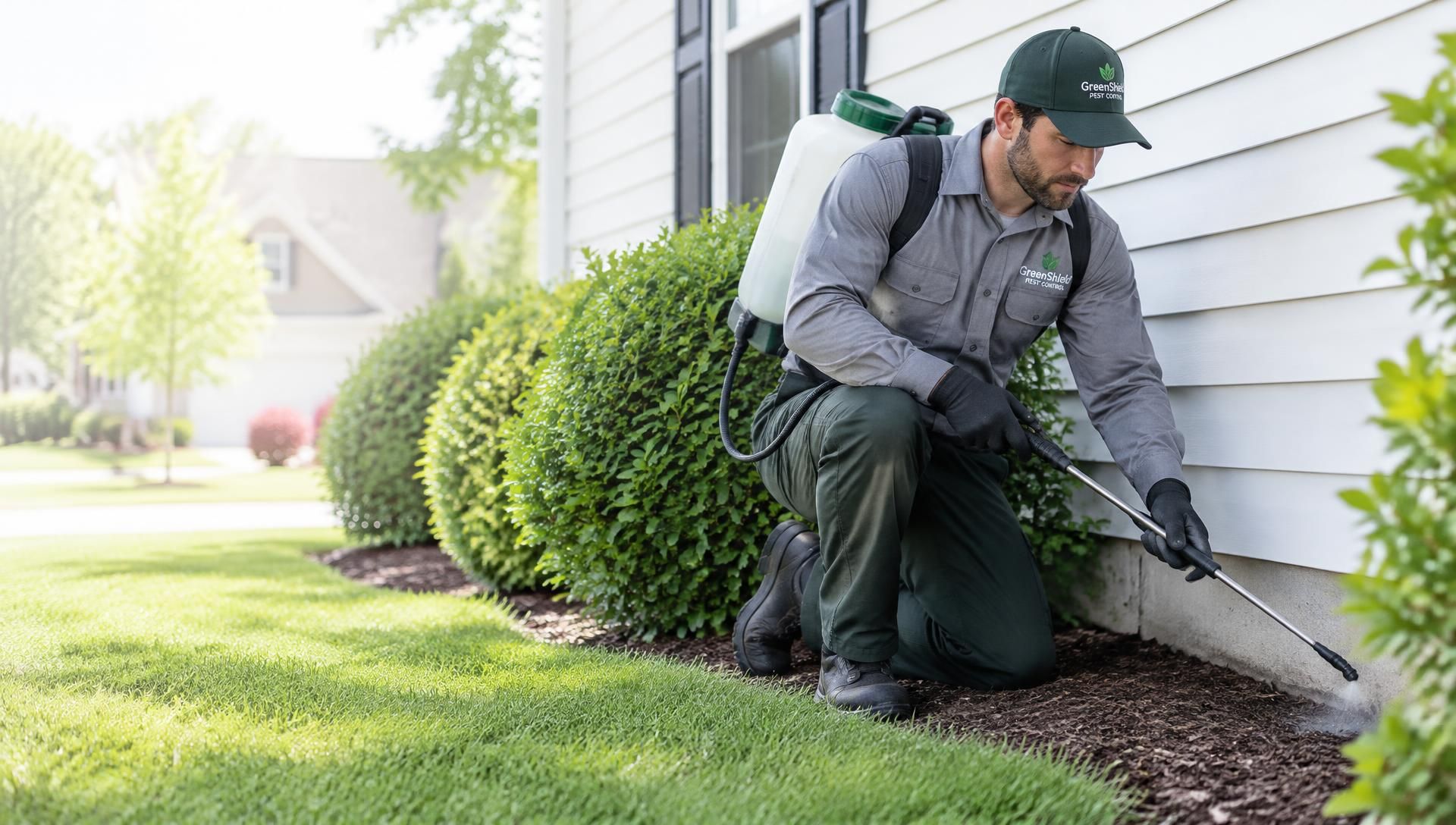 Pest control technician treating the outside of a home